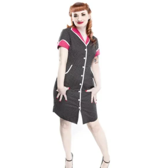 Sourpuss Clothing - Black & White Polka Dot Peggy Sue Dress Diner Waitress Retro - Picture 7 of 8